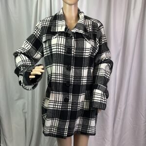 Dots Coat Womens Large Black White Plaid Fleece Mid Length Button Front Pockets